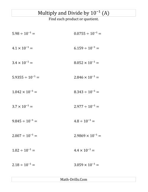 The Multiplying and Dividing Decimals by 10<sup>-1</sup> (A) Math Worksheet