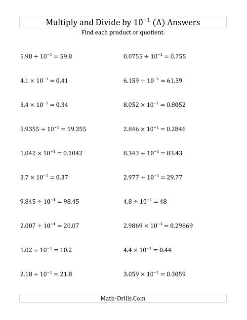 The Multiplying and Dividing Decimals by 10<sup>-1</sup> (A) Math Worksheet Page 2