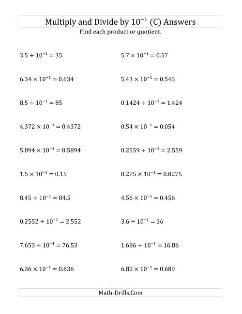 The Multiplying and Dividing Decimals by 10<sup>-1</sup> (C) Math Worksheet Page 2