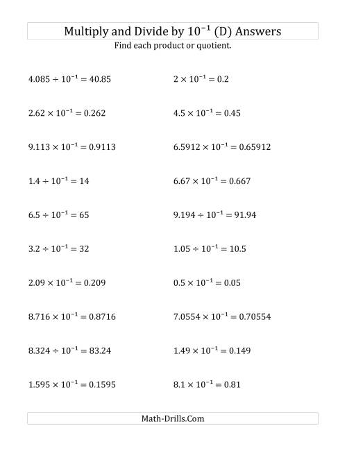 The Multiplying and Dividing Decimals by 10<sup>-1</sup> (D) Math Worksheet Page 2