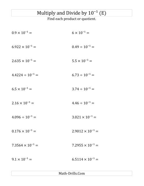 The Multiplying and Dividing Decimals by 10<sup>-1</sup> (E) Math Worksheet