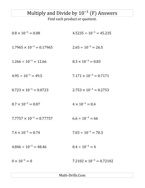 The Multiplying and Dividing Decimals by 10<sup>-1</sup> (F) Math Worksheet Page 2