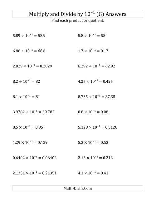 The Multiplying and Dividing Decimals by 10<sup>-1</sup> (G) Math Worksheet Page 2