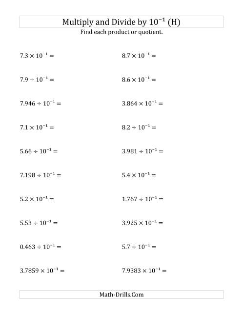 The Multiplying and Dividing Decimals by 10<sup>-1</sup> (H) Math Worksheet