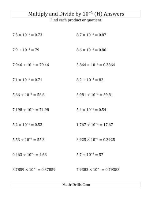 The Multiplying and Dividing Decimals by 10<sup>-1</sup> (H) Math Worksheet Page 2