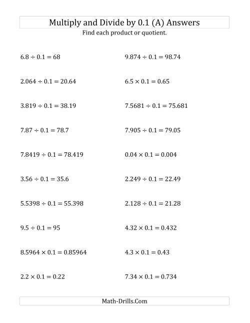 The Multiplying and Dividing Decimals by 0.1 (A) Math Worksheet Page 2