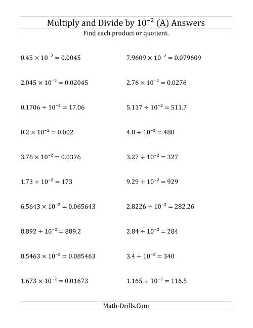 The Multiplying and Dividing Decimals by 10<sup>-2</sup> (A) Math Worksheet Page 2