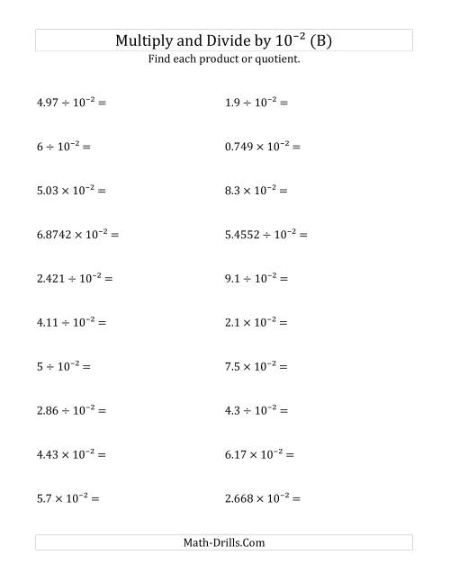 The Multiplying and Dividing Decimals by 10<sup>-2</sup> (B) Math Worksheet