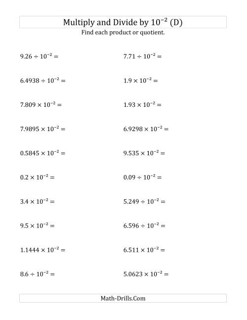 The Multiplying and Dividing Decimals by 10<sup>-2</sup> (D) Math Worksheet