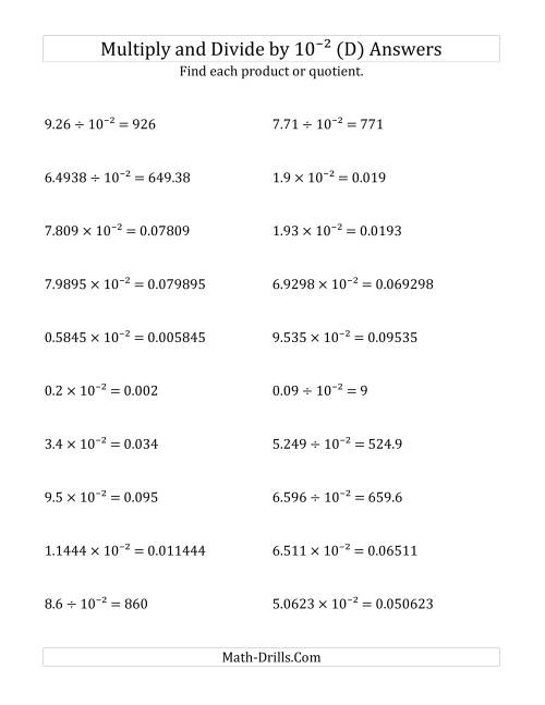 The Multiplying and Dividing Decimals by 10<sup>-2</sup> (D) Math Worksheet Page 2
