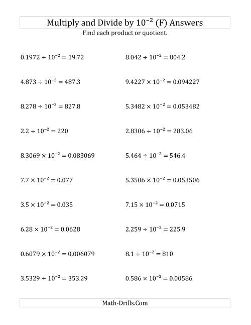 The Multiplying and Dividing Decimals by 10<sup>-2</sup> (F) Math Worksheet Page 2