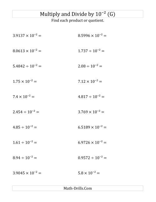 The Multiplying and Dividing Decimals by 10<sup>-2</sup> (G) Math Worksheet