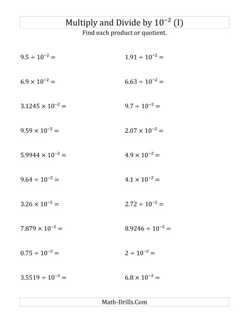 The Multiplying and Dividing Decimals by 10<sup>-2</sup> (I) Math Worksheet