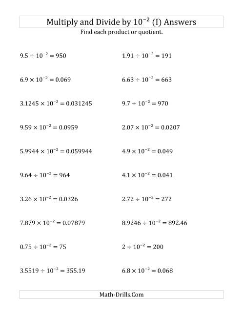 The Multiplying and Dividing Decimals by 10<sup>-2</sup> (I) Math Worksheet Page 2
