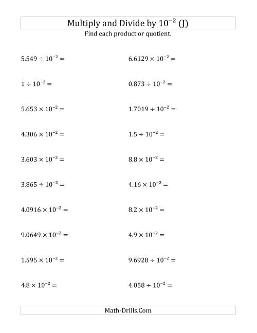 The Multiplying and Dividing Decimals by 10<sup>-2</sup> (J) Math Worksheet