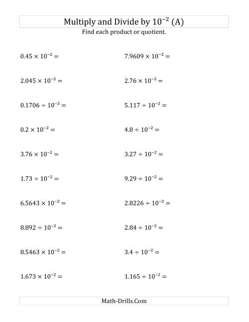 The Multiplying and Dividing Decimals by 10<sup>-2</sup> (All) Math Worksheet