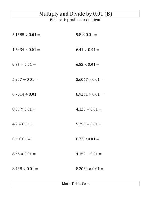 The Multiplying and Dividing Decimals by 0.01 (B) Math Worksheet