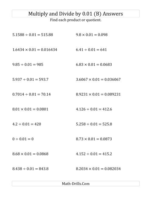 The Multiplying and Dividing Decimals by 0.01 (B) Math Worksheet Page 2