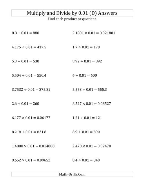 The Multiplying and Dividing Decimals by 0.01 (D) Math Worksheet Page 2