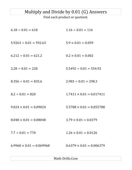 The Multiplying and Dividing Decimals by 0.01 (G) Math Worksheet Page 2