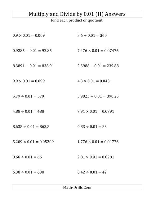 The Multiplying and Dividing Decimals by 0.01 (H) Math Worksheet Page 2