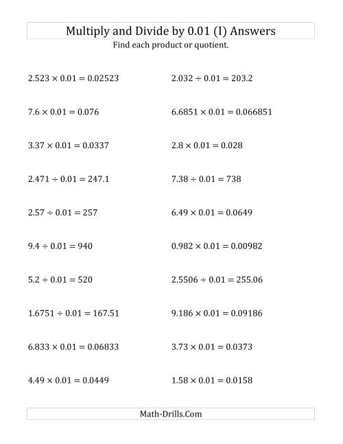 The Multiplying and Dividing Decimals by 0.01 (I) Math Worksheet Page 2
