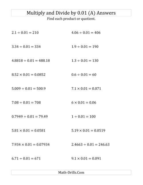 The Multiplying and Dividing Decimals by 0.01 (All) Math Worksheet Page 2