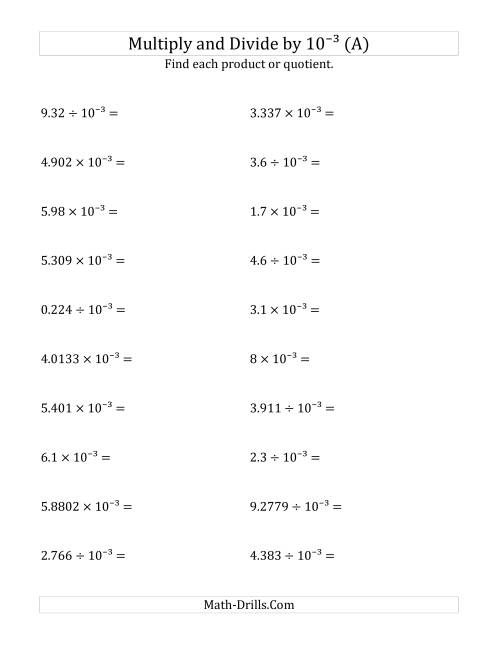 The Multiplying and Dividing Decimals by 10<sup>-3</sup> (A) Math Worksheet