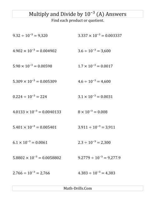 The Multiplying and Dividing Decimals by 10<sup>-3</sup> (A) Math Worksheet Page 2