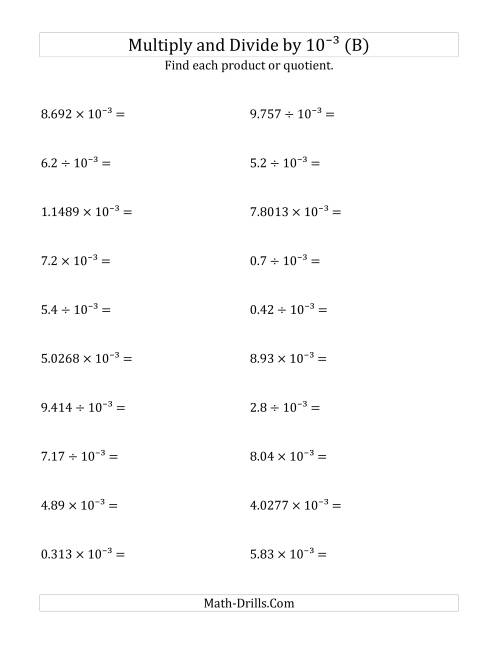 The Multiplying and Dividing Decimals by 10<sup>-3</sup> (B) Math Worksheet