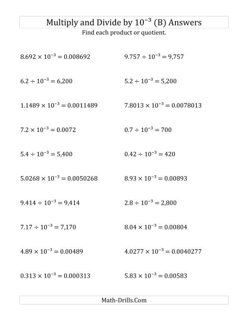 The Multiplying and Dividing Decimals by 10<sup>-3</sup> (B) Math Worksheet Page 2