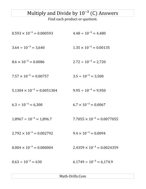 The Multiplying and Dividing Decimals by 10<sup>-3</sup> (C) Math Worksheet Page 2