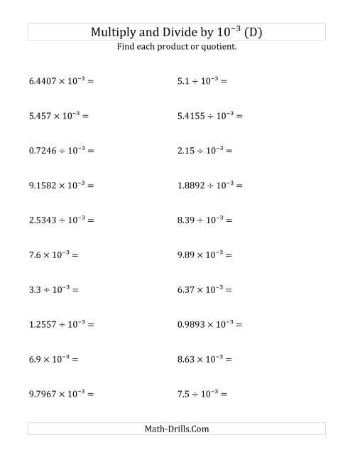 The Multiplying and Dividing Decimals by 10<sup>-3</sup> (D) Math Worksheet