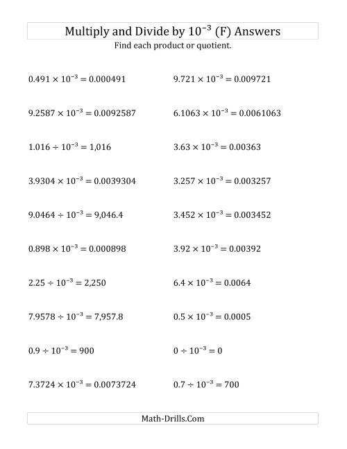 The Multiplying and Dividing Decimals by 10<sup>-3</sup> (F) Math Worksheet Page 2