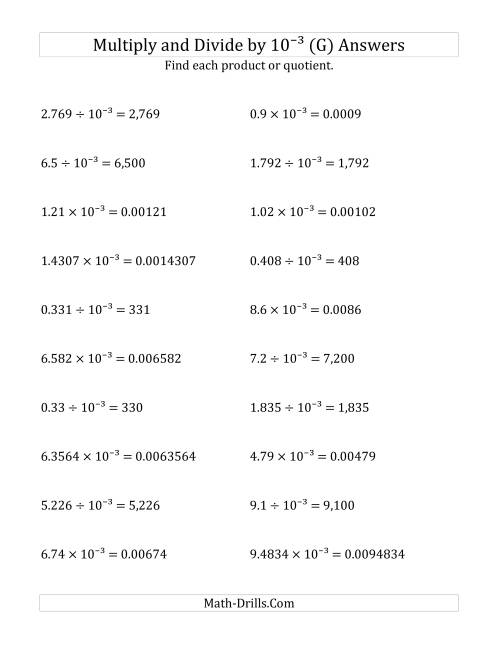 The Multiplying and Dividing Decimals by 10<sup>-3</sup> (G) Math Worksheet Page 2