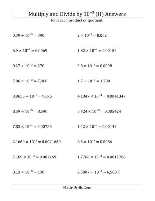 The Multiplying and Dividing Decimals by 10<sup>-3</sup> (H) Math Worksheet Page 2