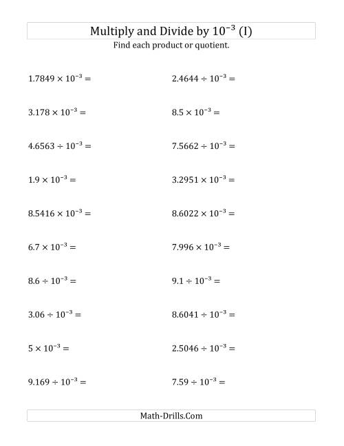 The Multiplying and Dividing Decimals by 10<sup>-3</sup> (I) Math Worksheet