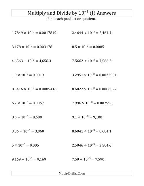 The Multiplying and Dividing Decimals by 10<sup>-3</sup> (I) Math Worksheet Page 2