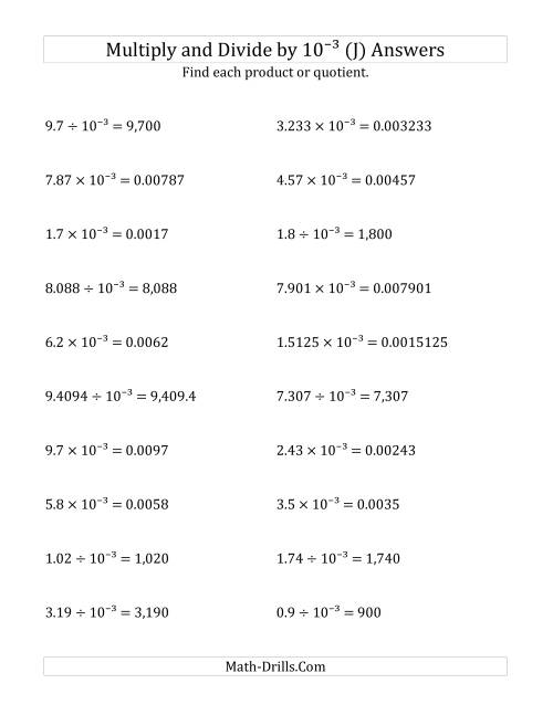 The Multiplying and Dividing Decimals by 10<sup>-3</sup> (J) Math Worksheet Page 2