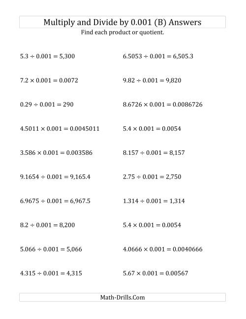 The Multiplying and Dividing Decimals by 0.001 (B) Math Worksheet Page 2