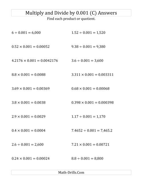The Multiplying and Dividing Decimals by 0.001 (C) Math Worksheet Page 2