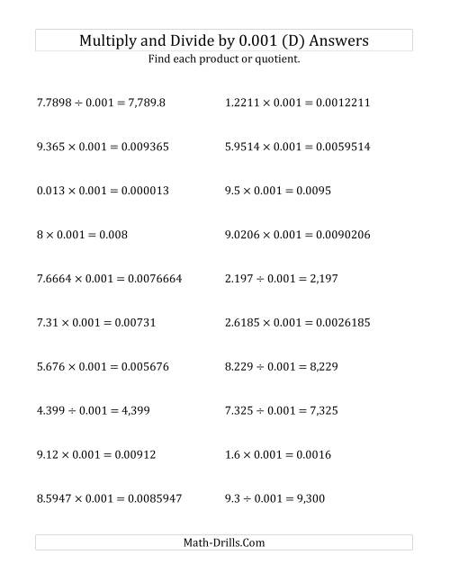 The Multiplying and Dividing Decimals by 0.001 (D) Math Worksheet Page 2