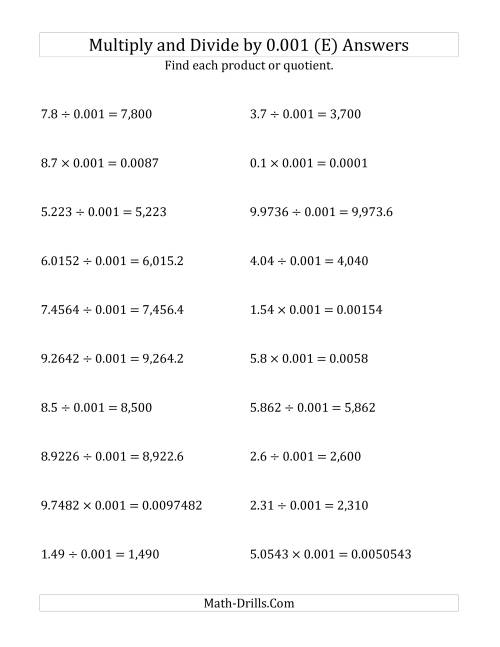 The Multiplying and Dividing Decimals by 0.001 (E) Math Worksheet Page 2