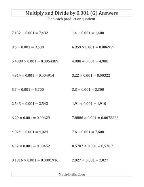 The Multiplying and Dividing Decimals by 0.001 (G) Math Worksheet Page 2