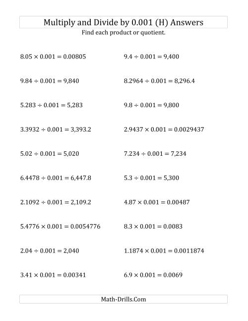 The Multiplying and Dividing Decimals by 0.001 (H) Math Worksheet Page 2