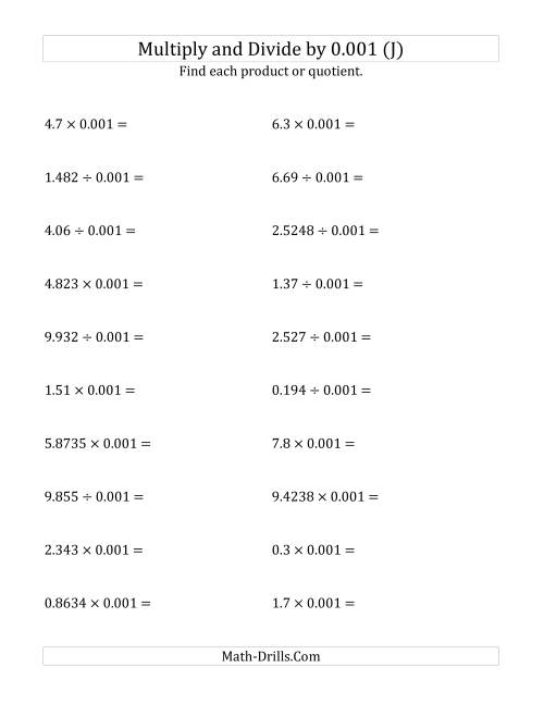 The Multiplying and Dividing Decimals by 0.001 (J) Math Worksheet
