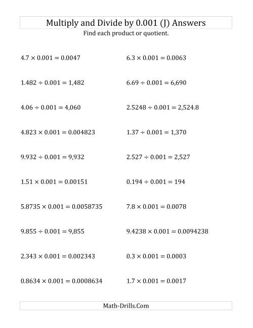 The Multiplying and Dividing Decimals by 0.001 (J) Math Worksheet Page 2