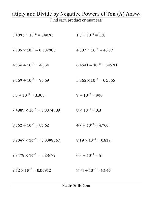 The Multiplying and Dividing Decimals by Negative Powers of Ten (Exponent Form) (A) Math Worksheet Page 2