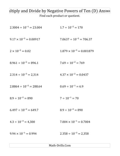 The Multiplying and Dividing Decimals by Negative Powers of Ten (Exponent Form) (D) Math Worksheet Page 2