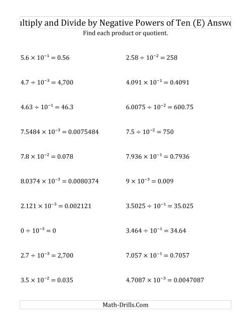 The Multiplying and Dividing Decimals by Negative Powers of Ten (Exponent Form) (E) Math Worksheet Page 2